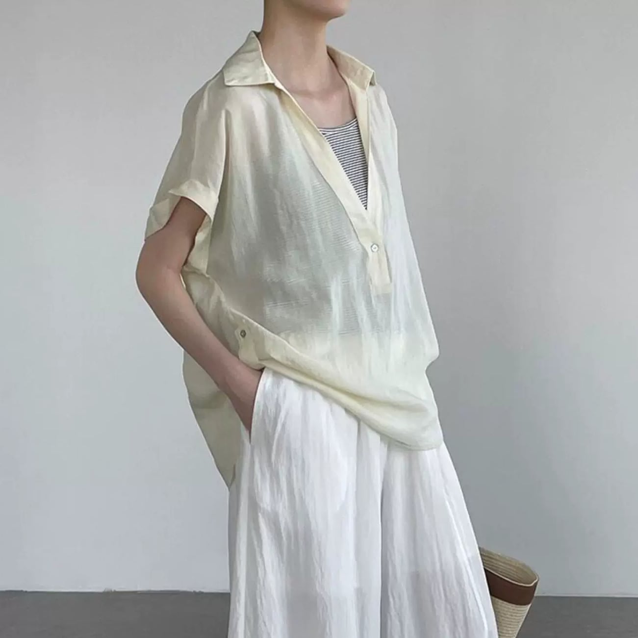 french sleeve shirt & stripe camisole set 14445
