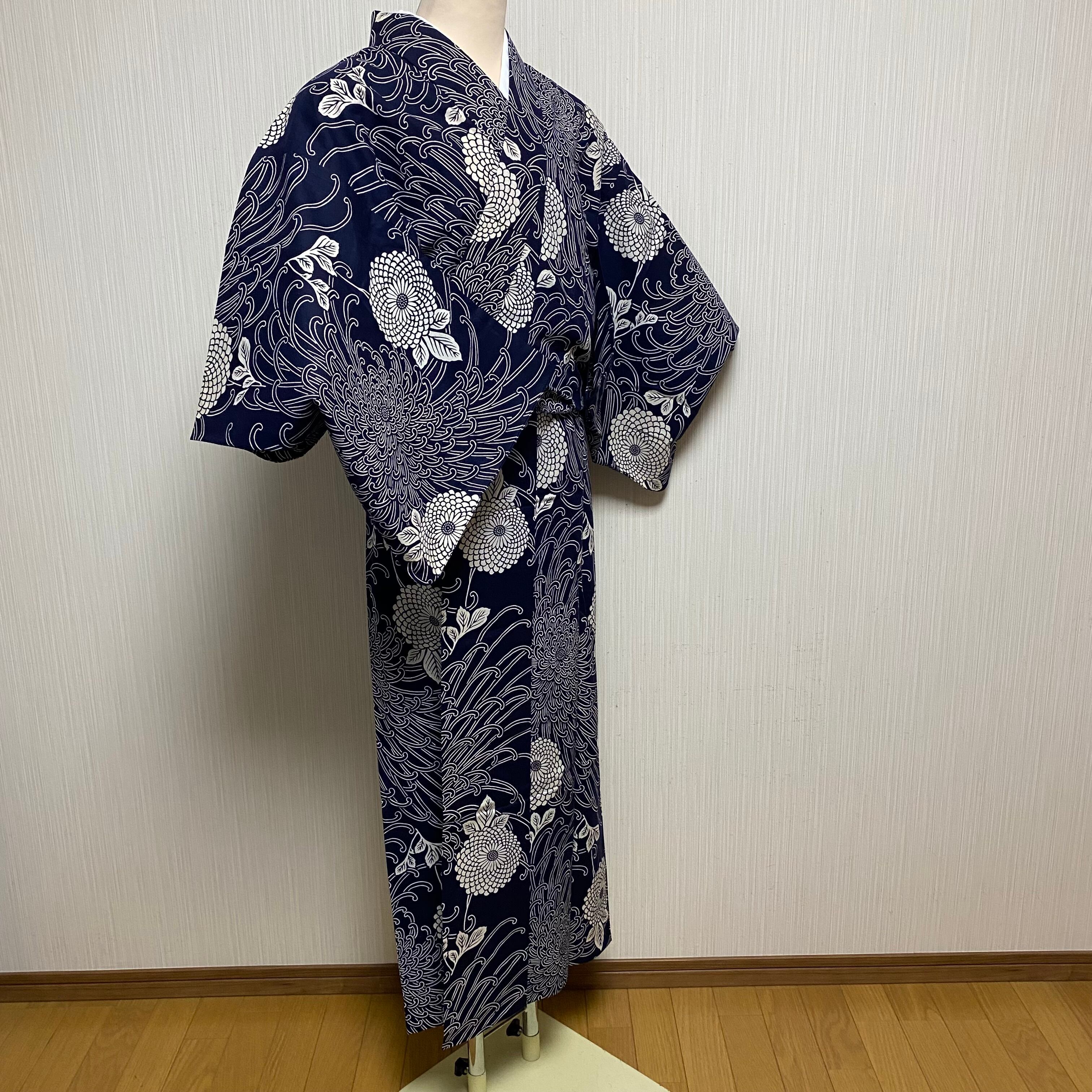 美品✨レディース 浴衣 大輪 菊花文様 濃紺色 昭和レトロ 夕涼み 花火