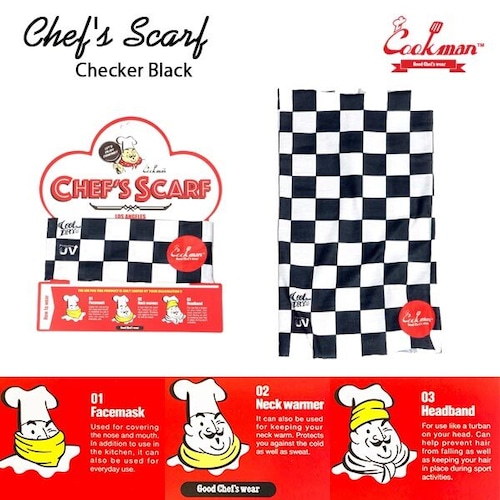 Chef's Scarf Checker Black シェフスカーフ チェッカーブラック ヘッドバンド フェイスガード ネックウォーマー 3way UVカット COOKMAN