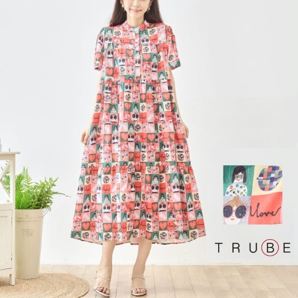 ティアードワンピース レトロ アートフィギュア 総柄 N82-773 TRUBE レッドミセス M L fmsd ゆったり 体型カバー 大人カジュアル きれいめ 半袖 上品 ミセス 春夏