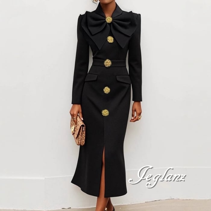 2色 パーティ ドレス ワンピース リボン ゴールド ボタン レトロ感(MB455)ζ