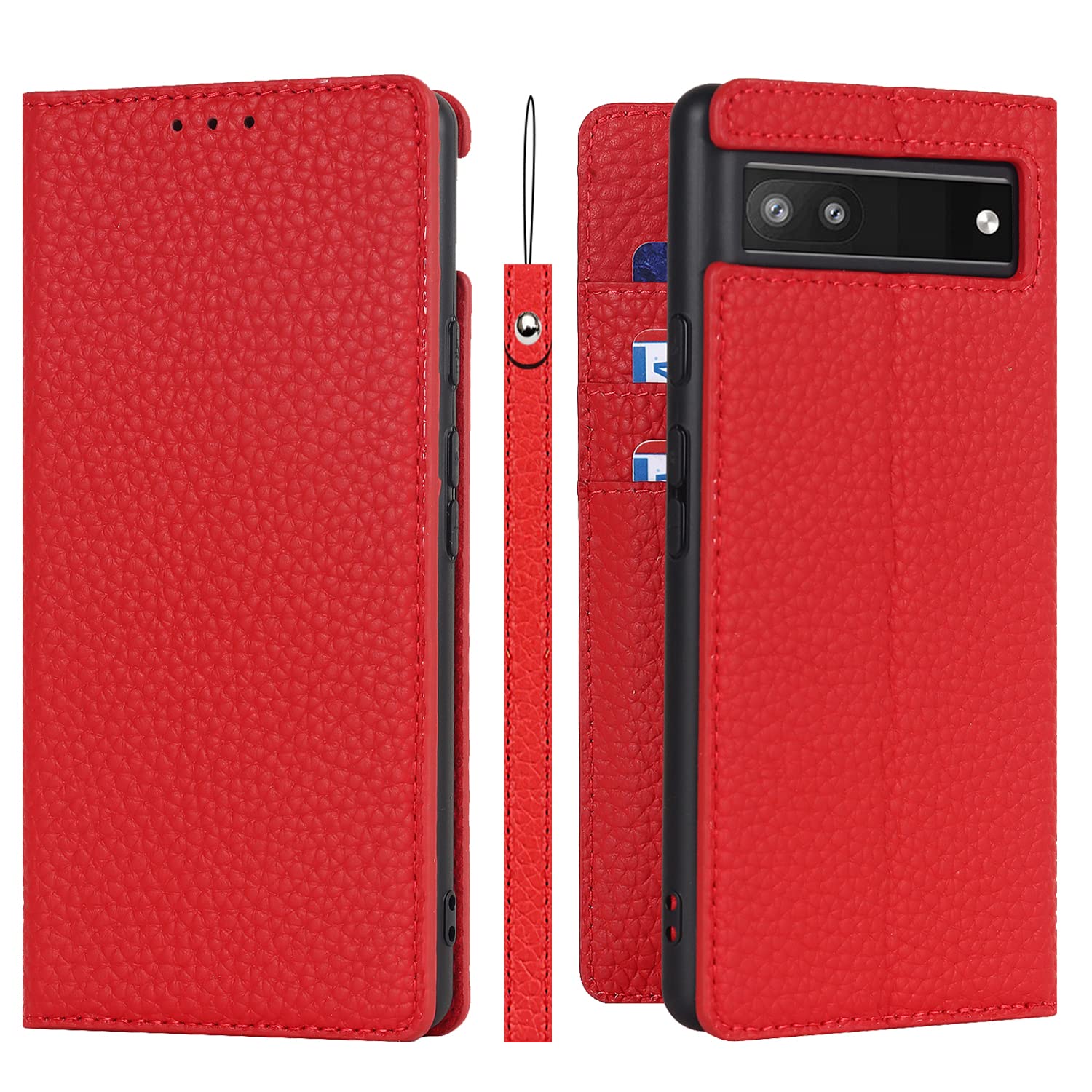 Pelanty for Google Pixel 6A ケース手帳型 pixel6a スマホケース 牛革製品 本革レザー 財布型カバー カード収納 スタンド機能 内蔵マグネット 手作り柔らかい グーグル ピクセル6A 携帯カバー ストラップ付 ヘッドフォンケーブル 耐衝撃 レッド
