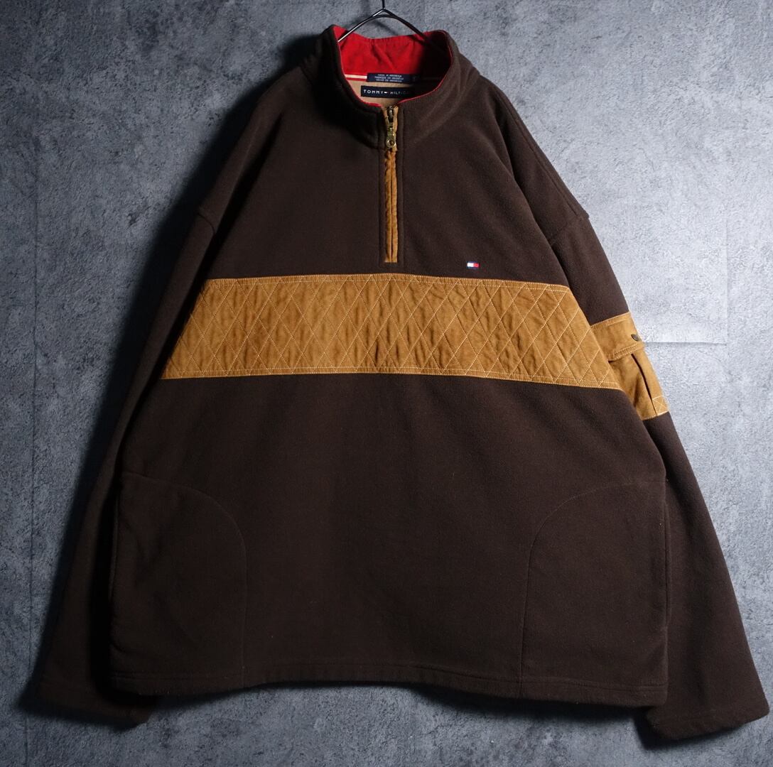 00s “TOMMY HILFIGER” Brown Faux Suede Switch Design Half Zip Fleece