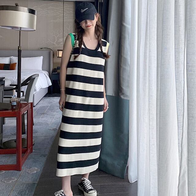 ワンピース ロング丈 ロングワンピ ノースリーブ ラウンドネック ストレート ボーダー カジュアル 楽チン おしゃれ サイズ展開豊富 XS/S/M/L/XL/2XL