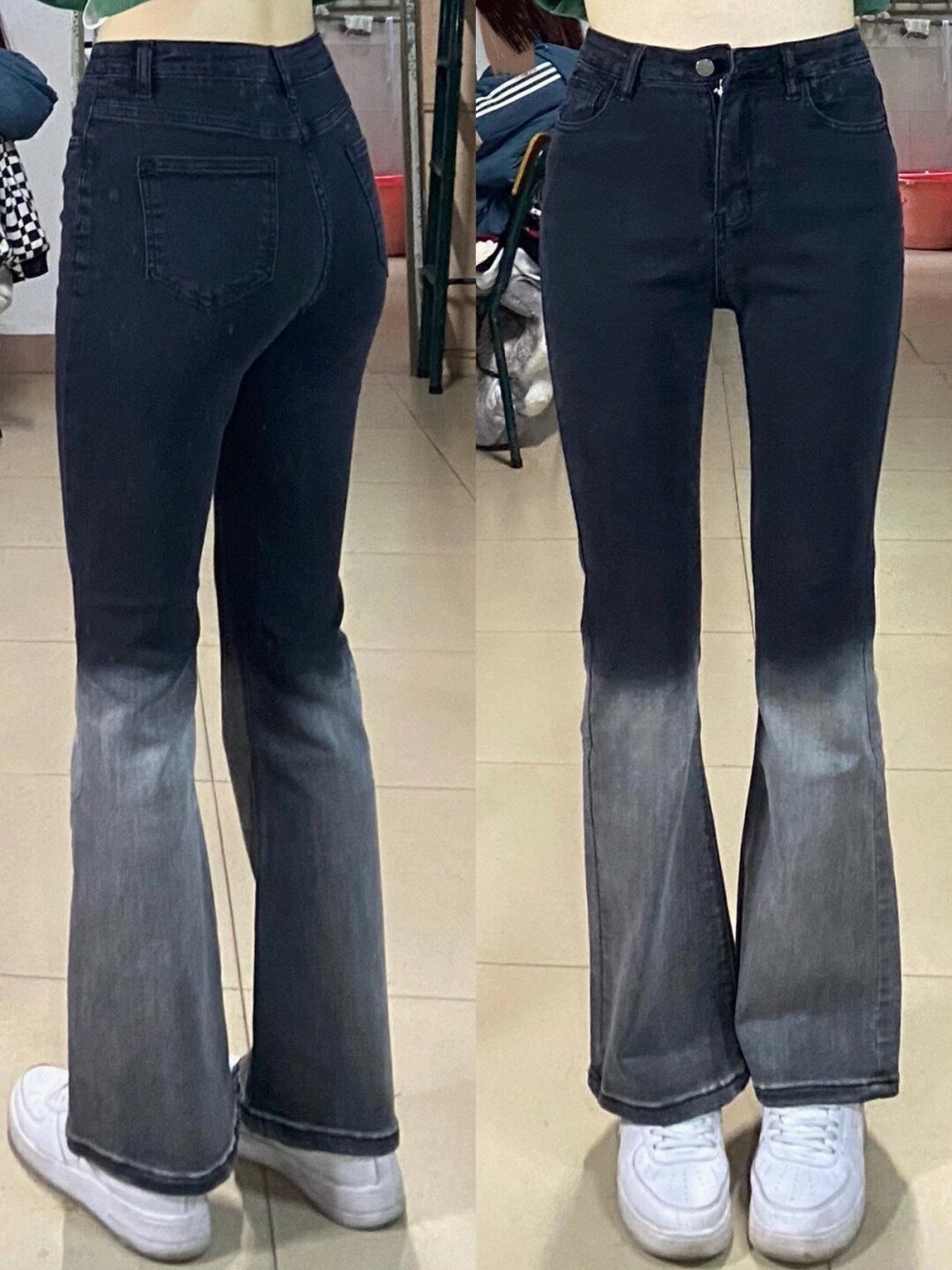 【新作】【送料無料】 秋と冬の女性用の黒とグレーのグラデーションデニムマイクロフレアパンツ、新しいハイウエストスリムフィットと汎用性の高いドレープフロアレングスパンツ 0319868434604