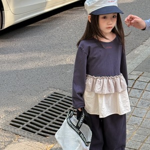 秋英字柄フリル裾Tシャツ