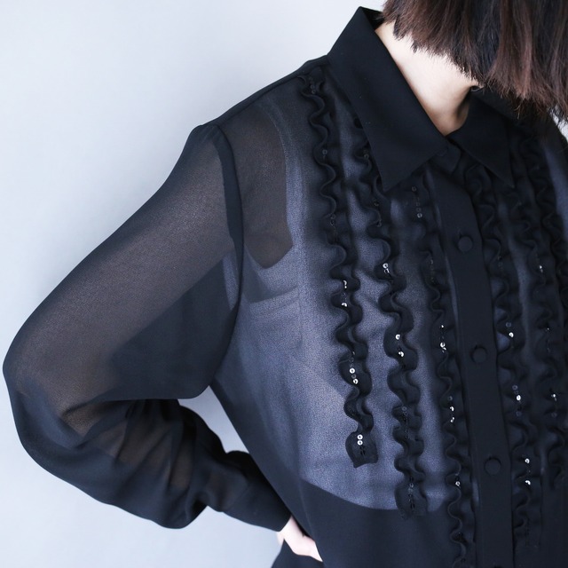 black one-tone sequin decoration design see-through ruffle shirt