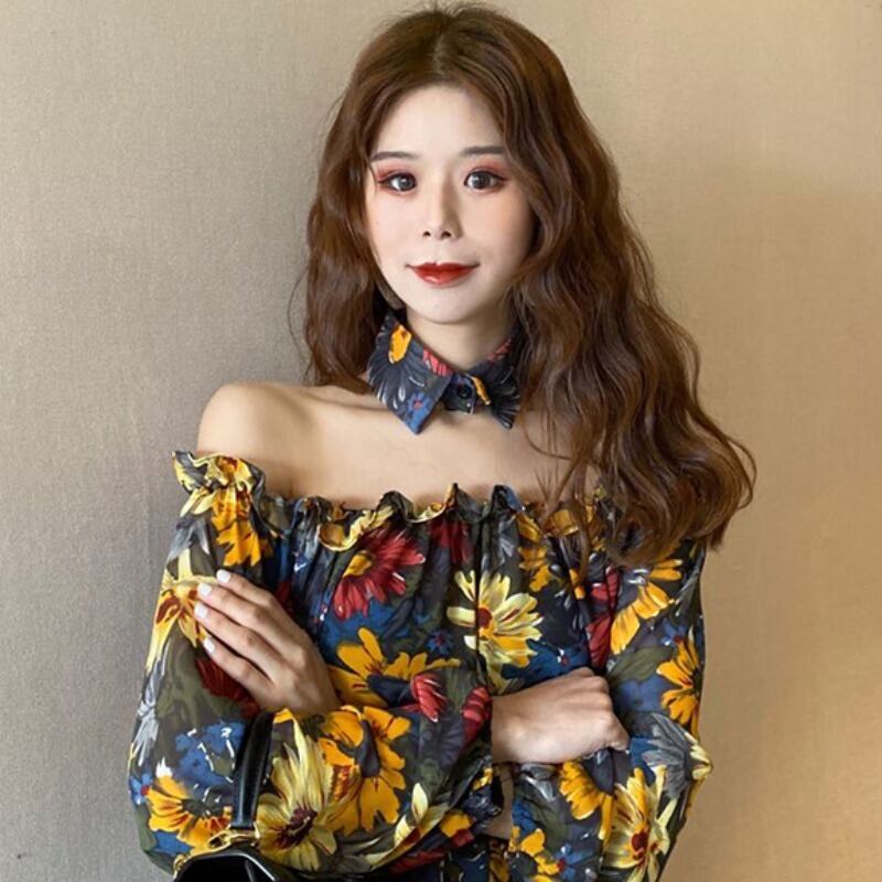 2020年春夏シックなファッションの新しい香港スタイルの花柄パフスリーブオフショルダーレースシャツ+装飾的な蝶ネクタイ YY-ファッション93159637645