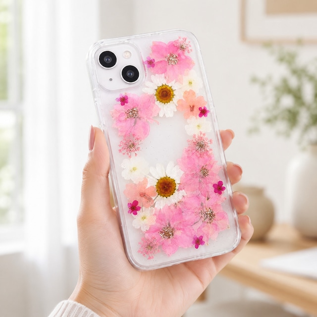 【ほぼ全機種対応スマホケース】押し花スマホケース NO.802 押し花＆レジン iPhone8以降全機種/Xperia/AQUOS/Galaxy他