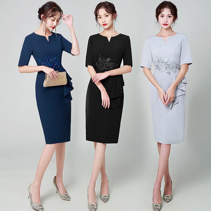 ハーフスリーブ ストレート タイトドレス(ブラック・ネイビー・グレー)