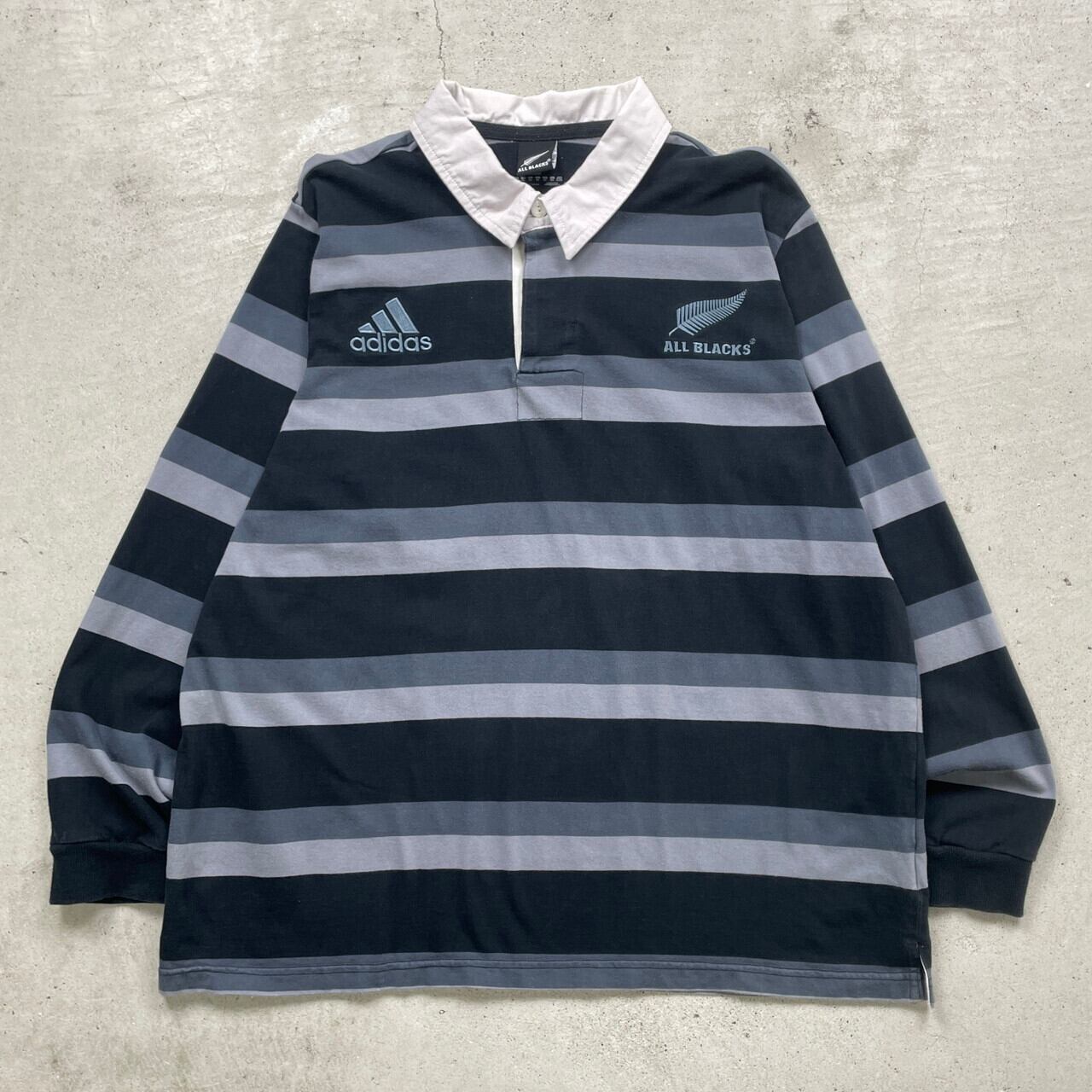 adidas ボーダー ラガーシャツ ALL BLACKS チームロゴ刺繍 