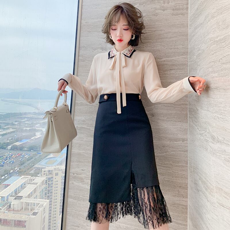 カラーシャツ レーススリムスカート スプリング レッド 春物 MIUCO77215908931