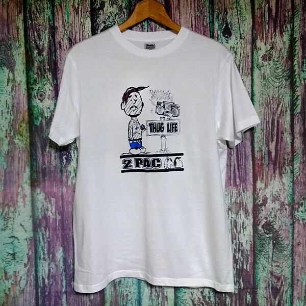 Tupac＆スヌーピー サグライフ 半袖白色 Tシャツ 選べる6サイズ S,M,L
