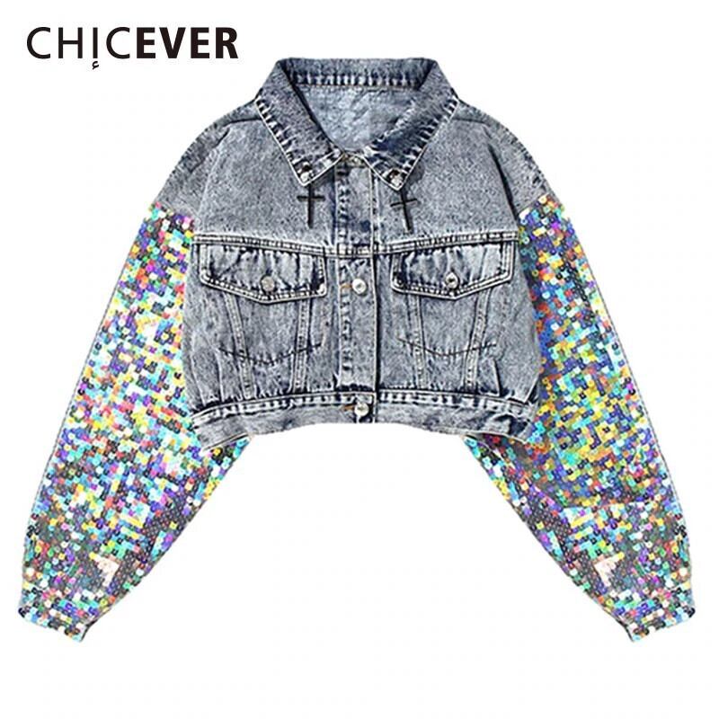 CHICEVER秋のデニムジャケットレディースコートパッチワークスパンコール長袖半袖レディースコート服 ショート ロング オータム 秋物 6base530146311366