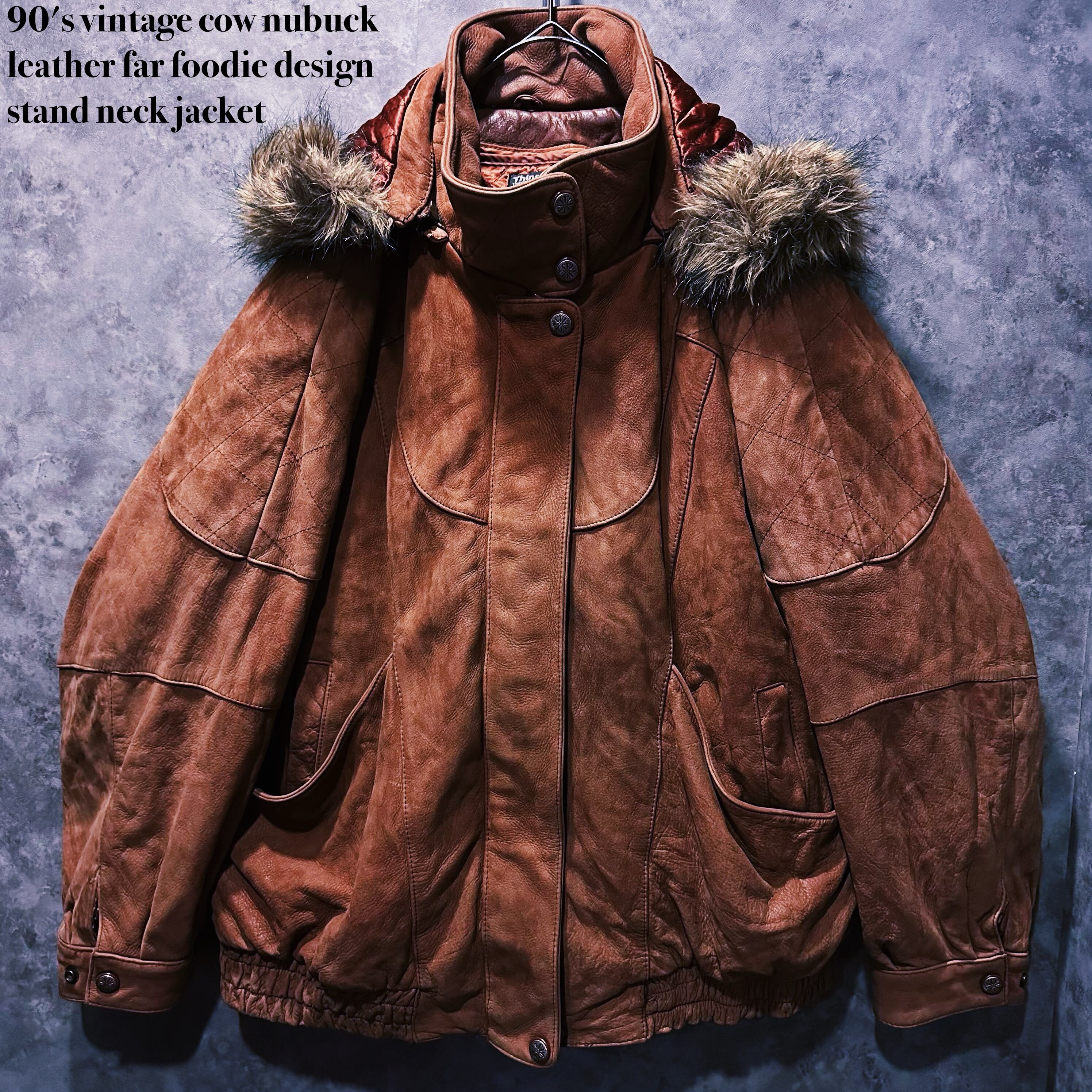 【doppio】90's vintage cow nubuck leather far foodie design stand neck jacket