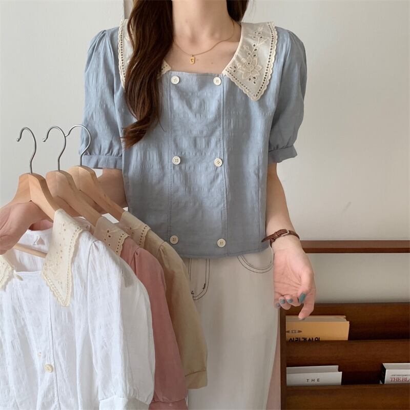 スタンダードショートスリーブシャツ カラートップス レトロ ハンチェンe79354967933