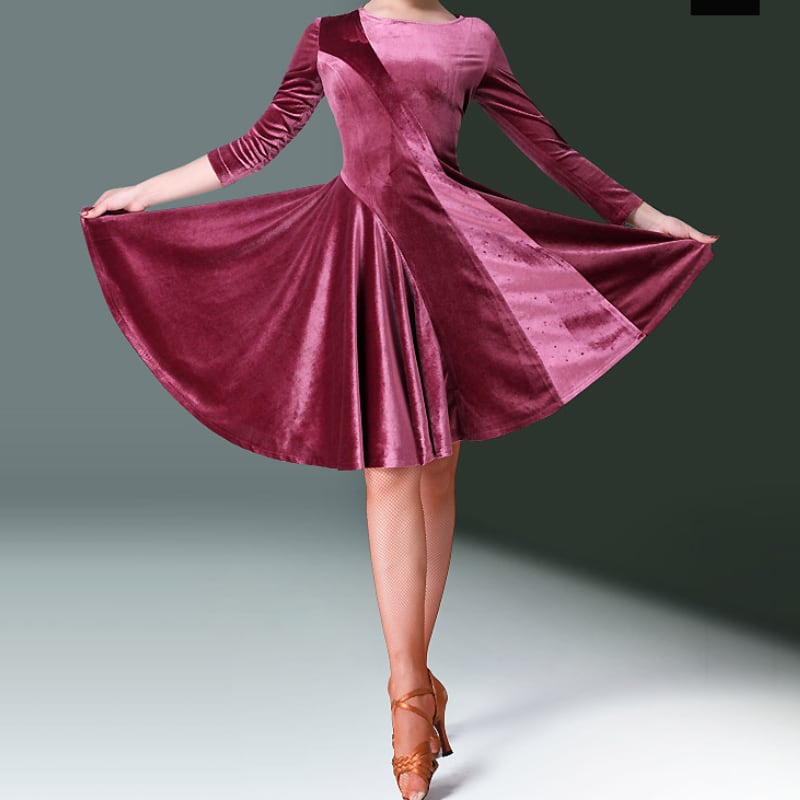 フレアシルエット ベルベット ロングスリーブ ラテンドレス ds1016