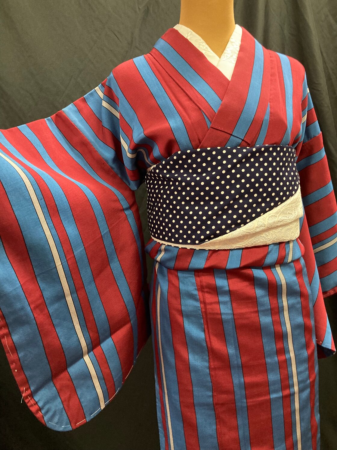 アンティーク着物 ブルー エンジ 縞 ストライプ 大正浪漫大 正ロマン 