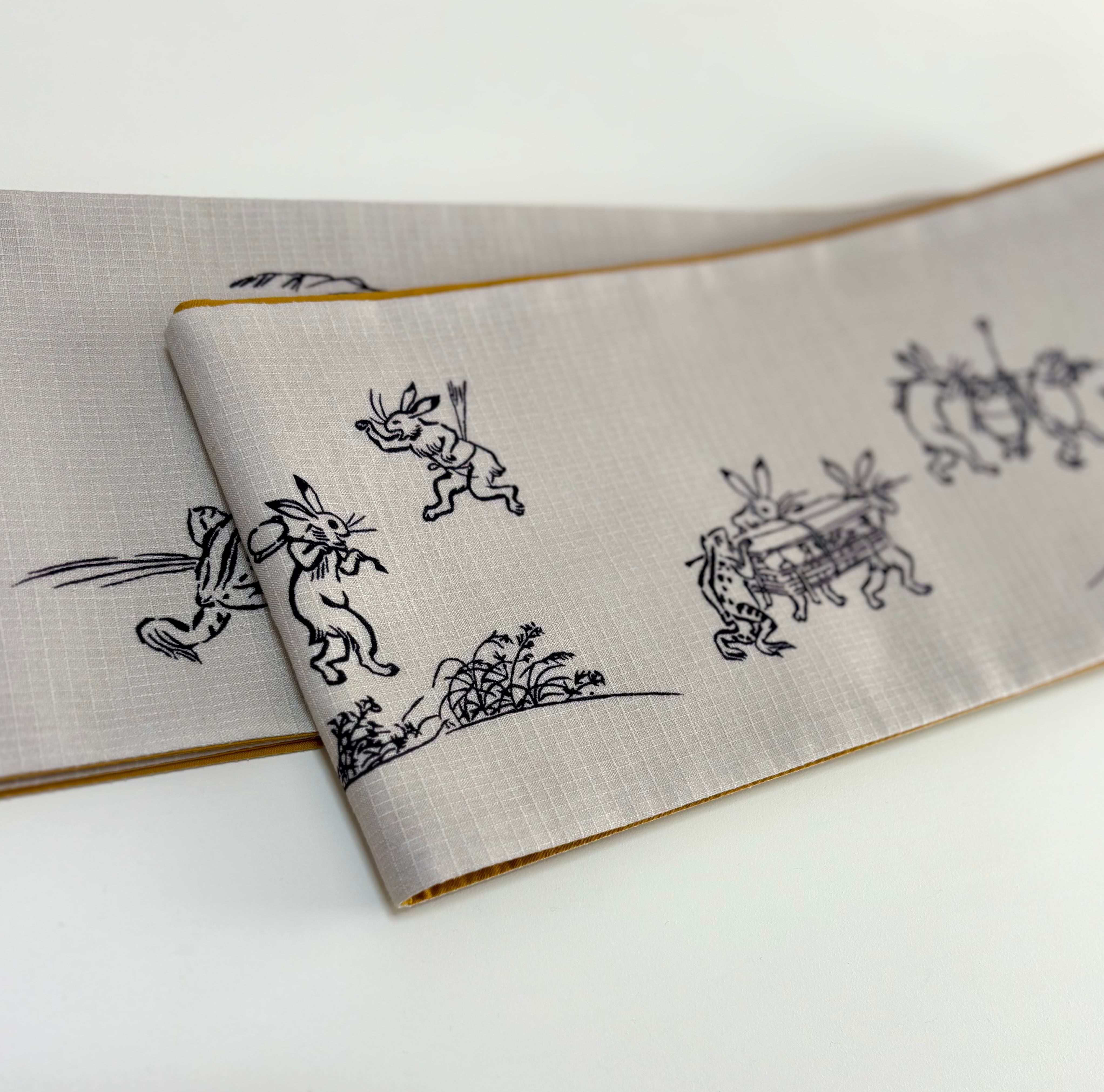 some-pri 綿紅梅半幅帯「鳥獣戯画」ベージュ | 染工房ユキヤオンライン