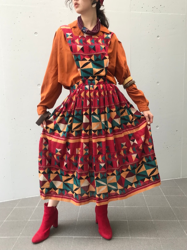 Vintage  "Neiman marcus" geometric  cotton × linen apron dress ( ヴィンテージ ジオメトリック コットン エプロン コットン ワンピース )