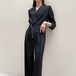 オールインワン レディース パンツドレス Vネック ノーカラー 長袖 ワイドパンツ タック ロング シンプル 無地 マニッシュ きれいめ オフィス パーティー 結婚式 お呼ばれ ドレス おしゃれ
