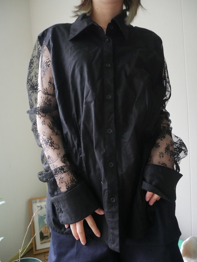 90s-I・N・C Lace Sleeve Shirt / Black