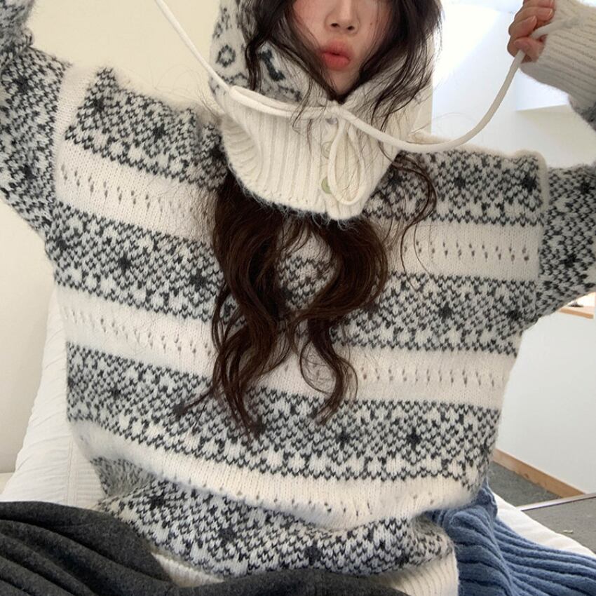 fair isle knit with removable hood　J00396