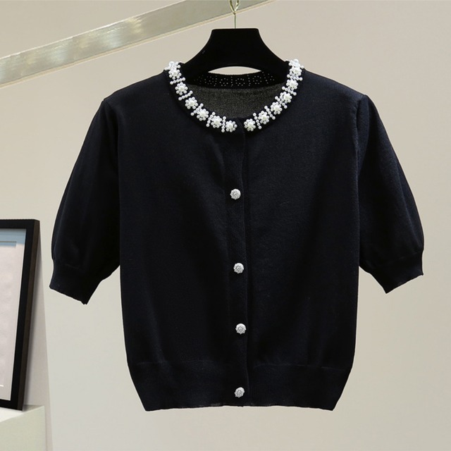 ビジュー ラウンドネック サマー カーディガン