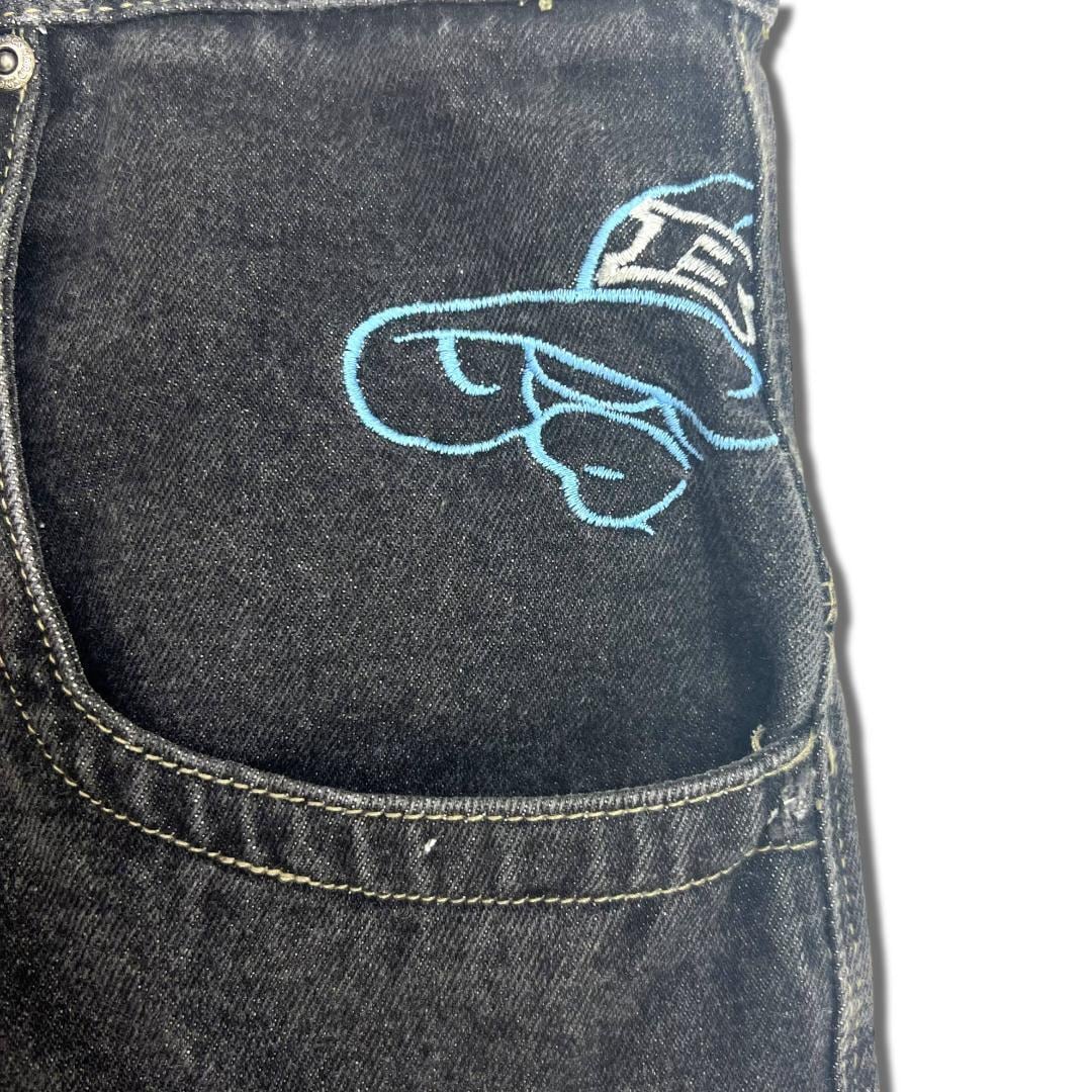 90s SHOK 刺繍 デニムショーツ 36 先染めブラック ストリート B 90s SHOK 刺繍 デニムショーツ 36 先染めブラック ストリート B