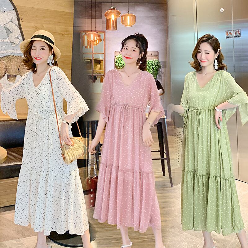 【新作】【送料無料】 新しいシフォンスモールフローラルVネックミドルレングスハイウエストプラスサイズマタニティドレスのマタニティウェア2019夏バージョン-アリババ 大きめサイズ サマー 夏物 花柄 expec243197152297