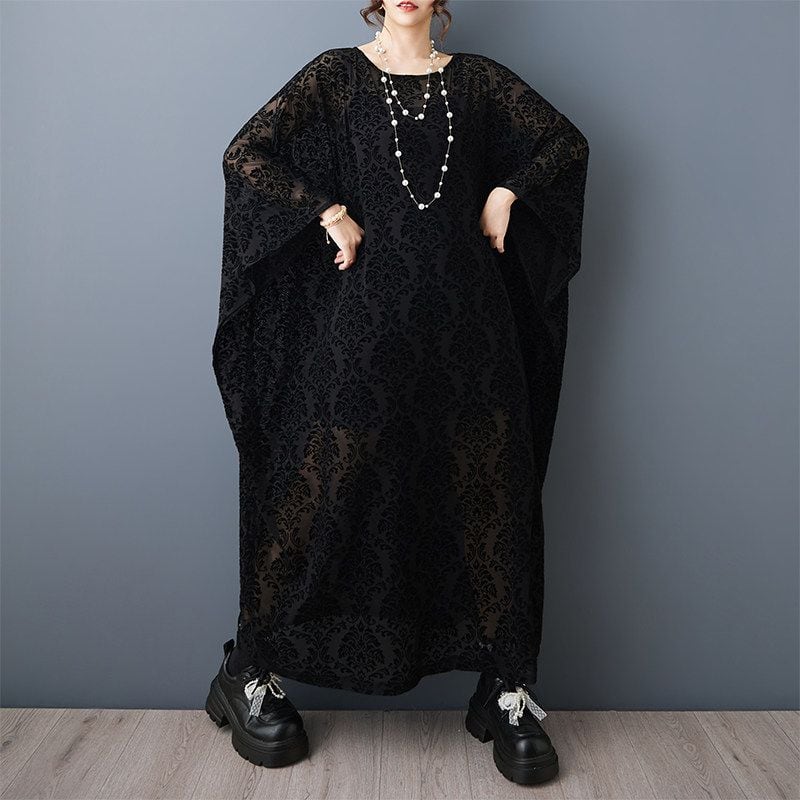 OVERSIZED BATWING SHEER PATTERNED MAXI DRESS M- M-17275