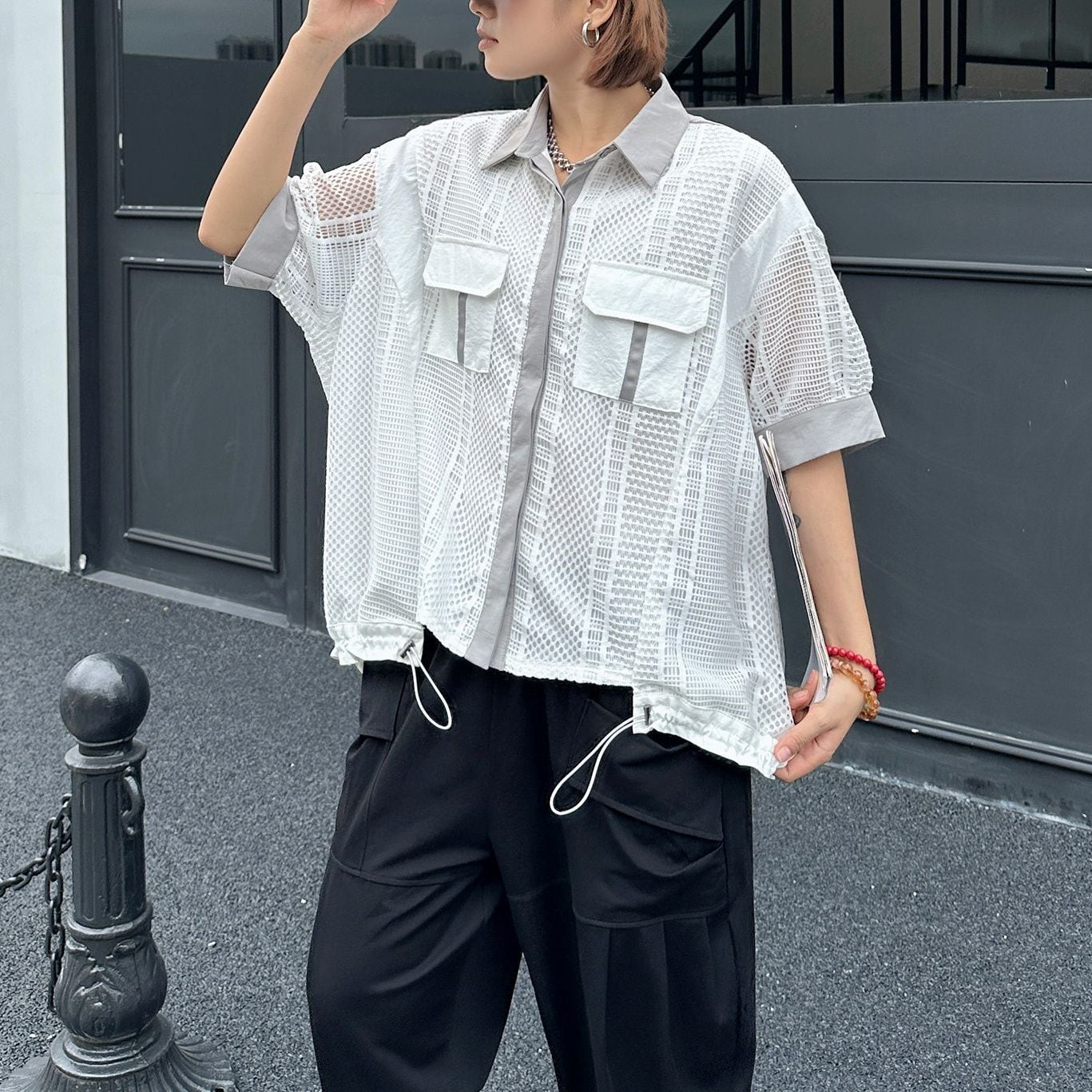 MESH CONTRAST PANEL SHORT SLEEVE SHIRT TOP M-17906