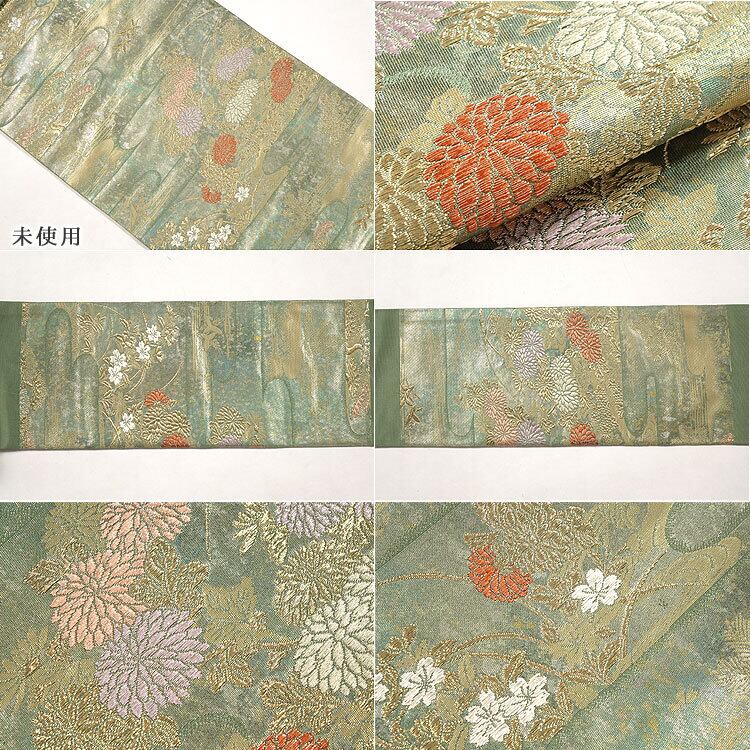 名古屋帯 R9082902 未使用品 グリーン 松 菊 お洒落 カジュアル 正絹