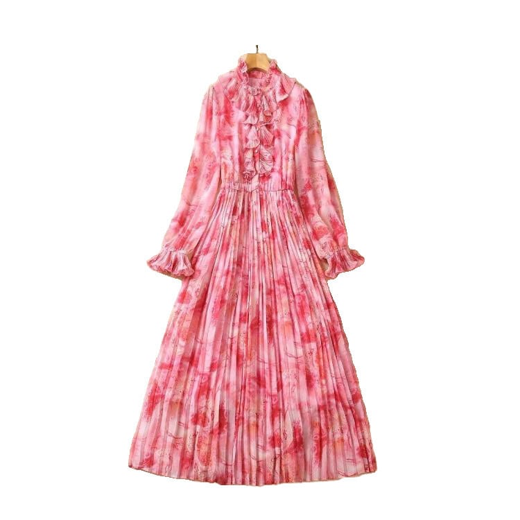 Pinkoz 花柄ピンクフリルミディプリーツドレスエレガント休日 Pinkoz 花柄ピンクフリルミディプリーツドレスエレガント休日