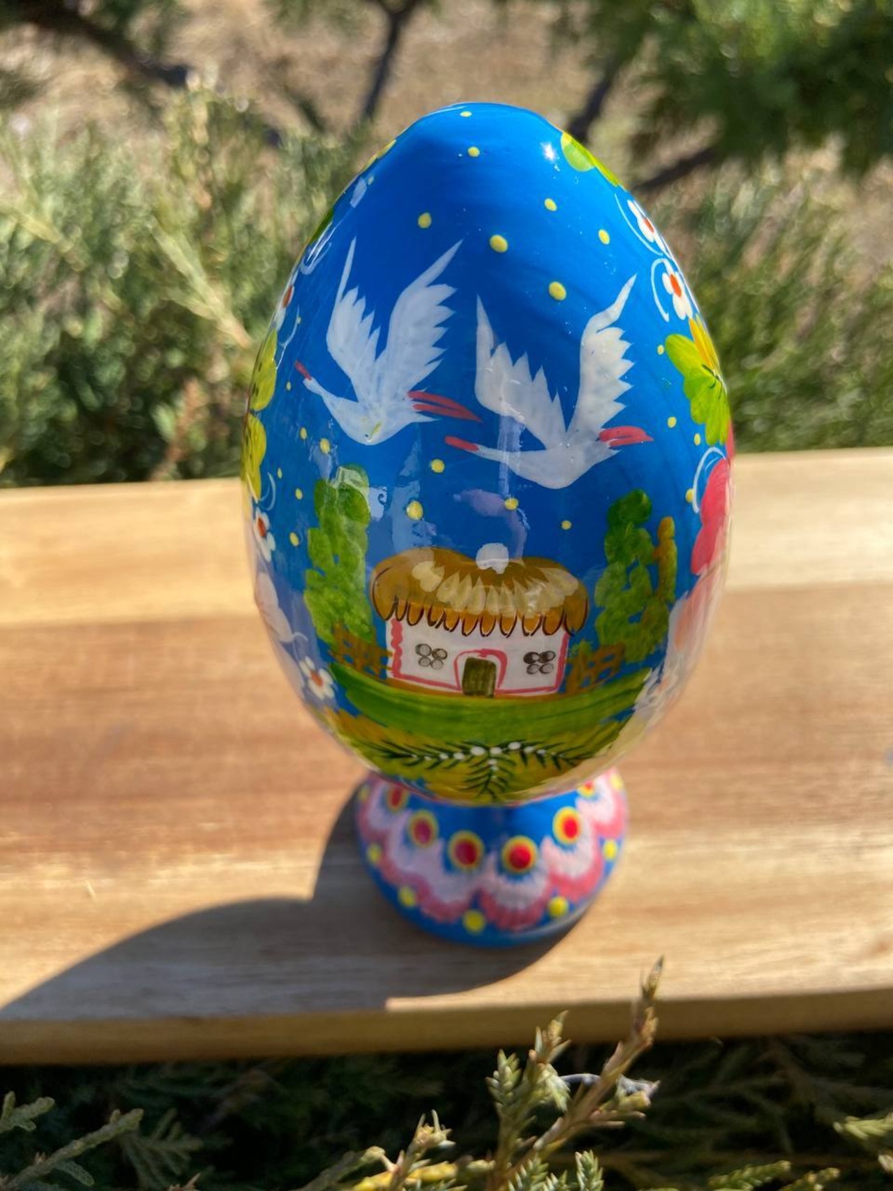 ペトリキウカ塗り　木製プィサンカ・スタンド一体型（イースター・エッグ）14cm（ホメンコ作） - 2