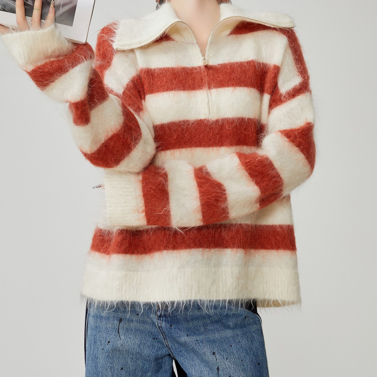 ボーダー柄 ハーフジップニットプルオーバー H0028