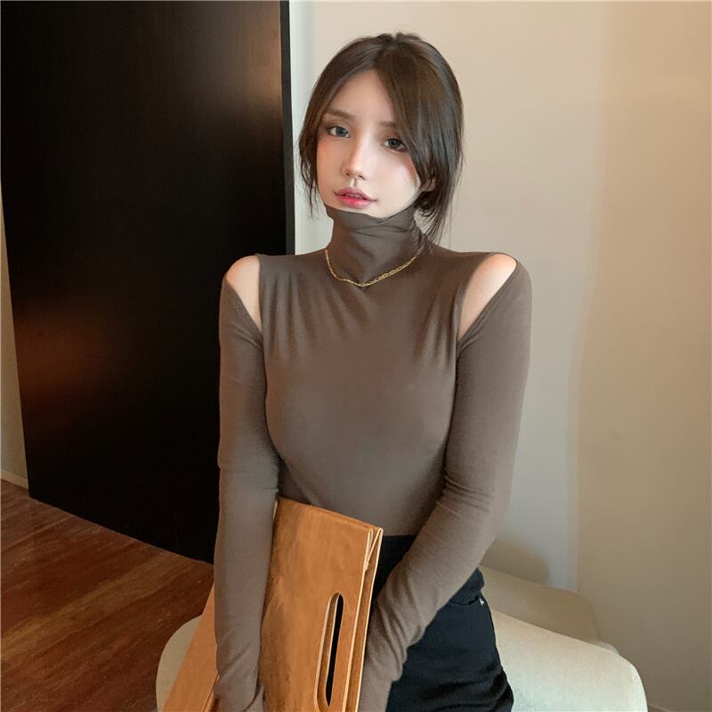 タートルネックボトミングシャツトップス女性2020年秋冬新しいレトロセクシーなストラップレスタイトフィット長袖Tシャツイントレンド ブラックストロベリース89607184206