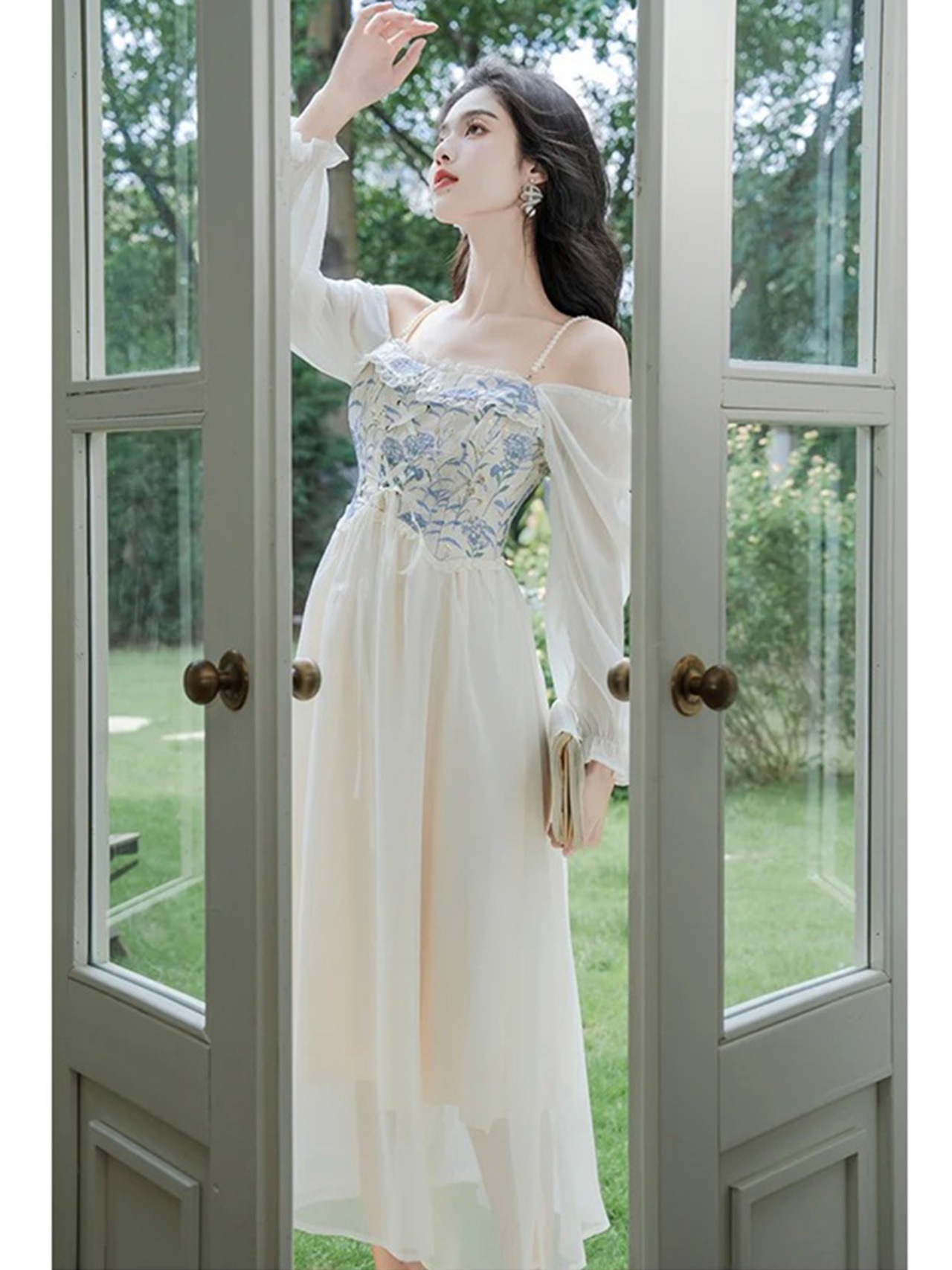 【0090】2way Off Shoulder Chiffon Long Sleeve Dress