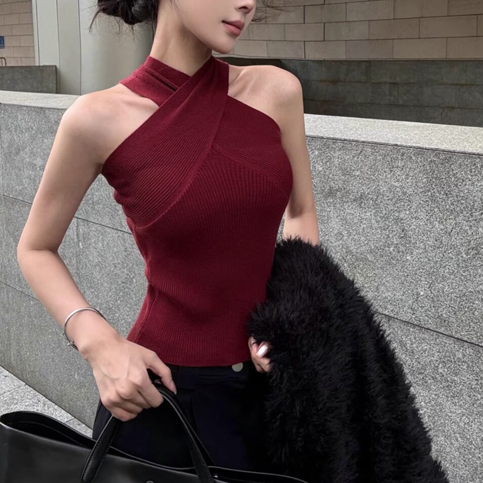 トップス ^_^ 3色／クロスホルターネックニットトップス ・68656 | sucrier