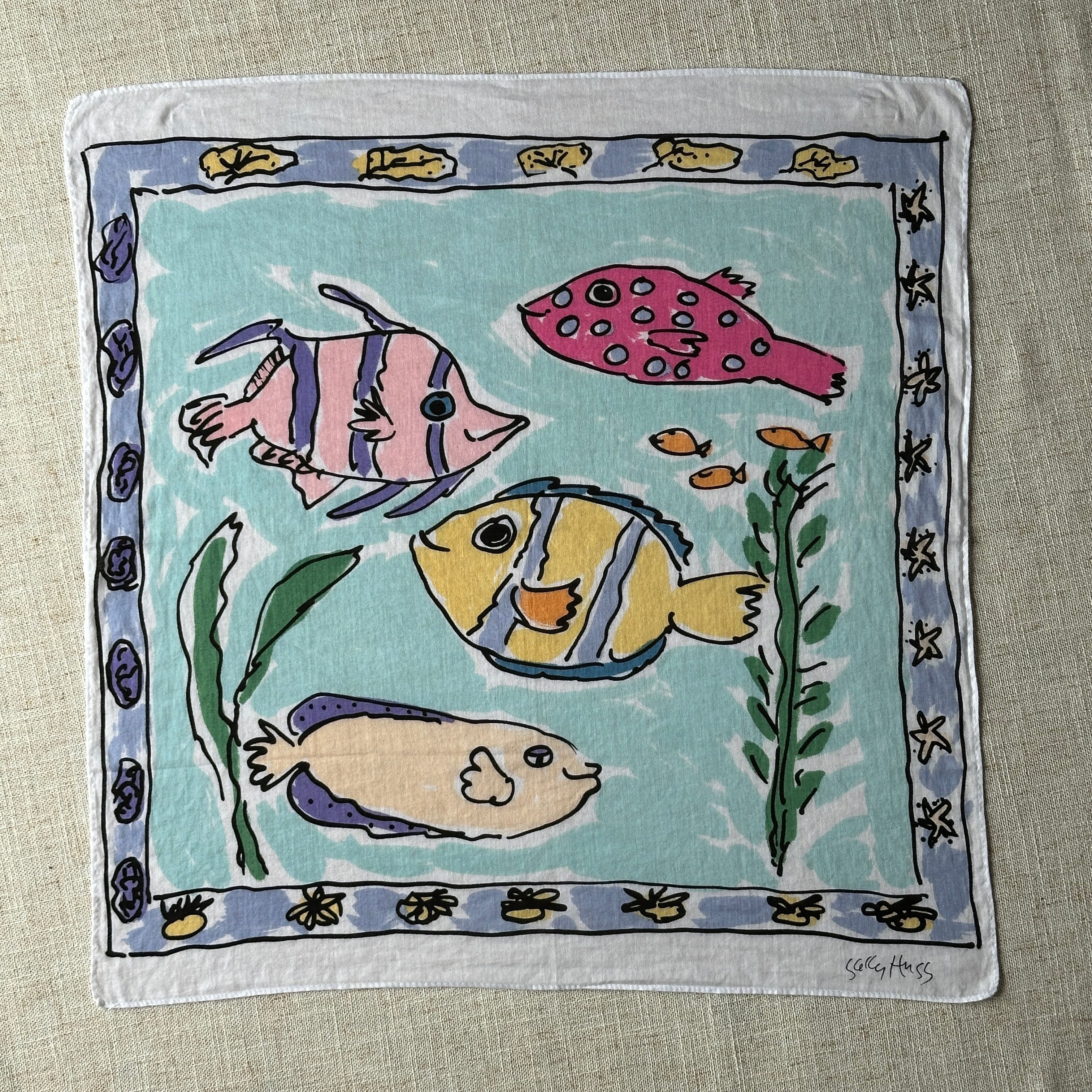 90s Sally Huss Fish Pattern Handkerchief,44.5cm