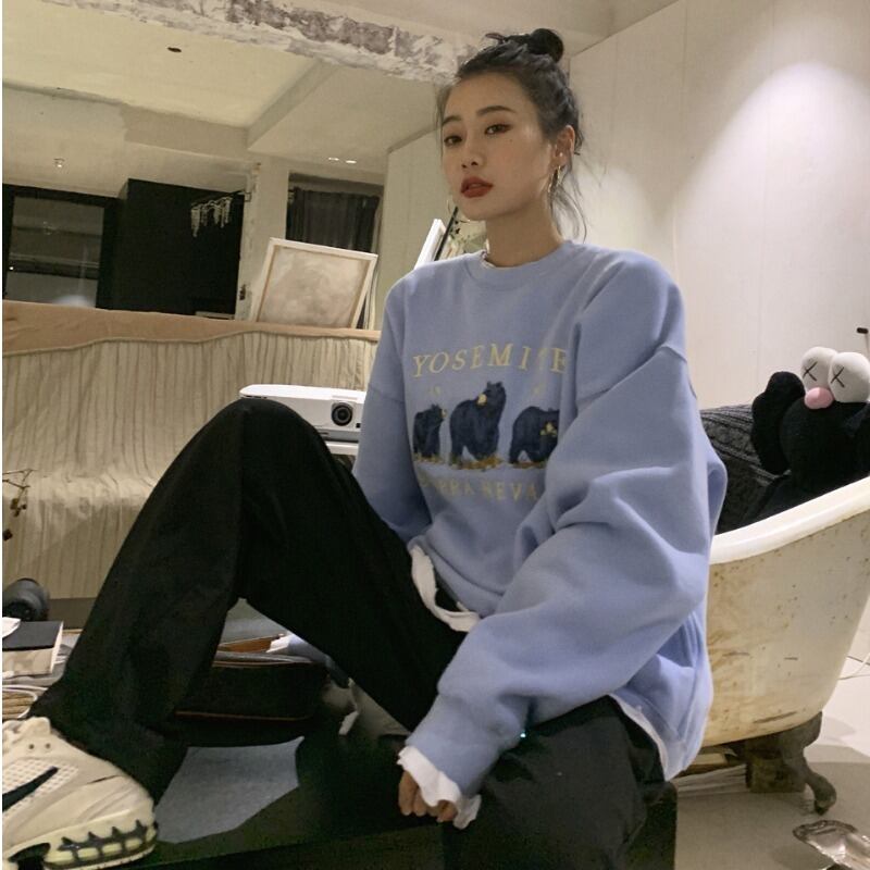 オータム薄手ベルベットルーズラウンドネックプリントセーター 秋物 Oネック ハンチェンe32762868643