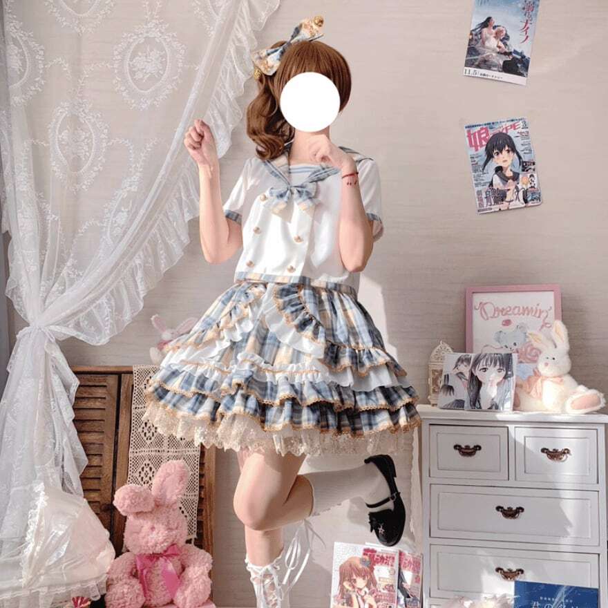 Mサイズ】地雷系 コスプレ 衣装 ゴスロリ ネイビー×ピンク ミニ