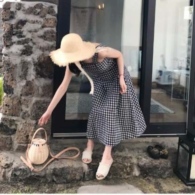 ギンガムチェック ワンピース ノースリーブ ミモレ丈 格子 レディース 