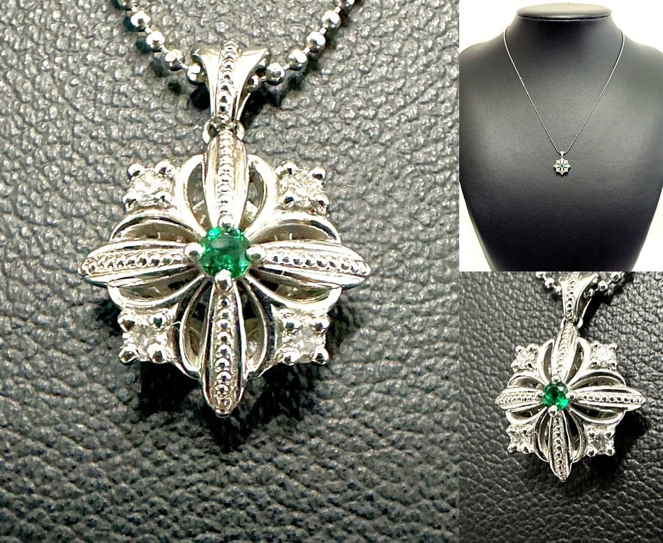 KUNO ケイウノ エメラルド ダイヤモンド クロス ネックレス プラチナ Pt 4Pダイヤ ペンダント シュランバー 男女