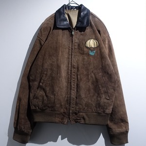 EURO Brown Embroidered & Collar Design Swing Top Suede Leather Blouson