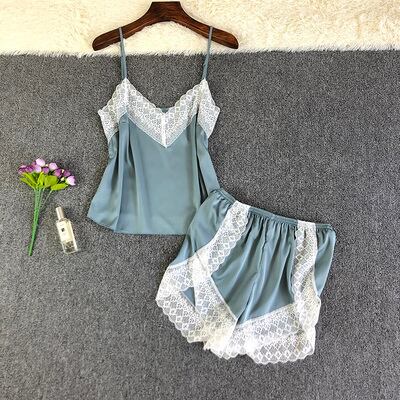 カジュアル無地キャミソールストライプ柄ショートパンツ夏用シルクパジャマセット カジュアル無地キャミソールストライプ柄ショートパンツ夏用シルク