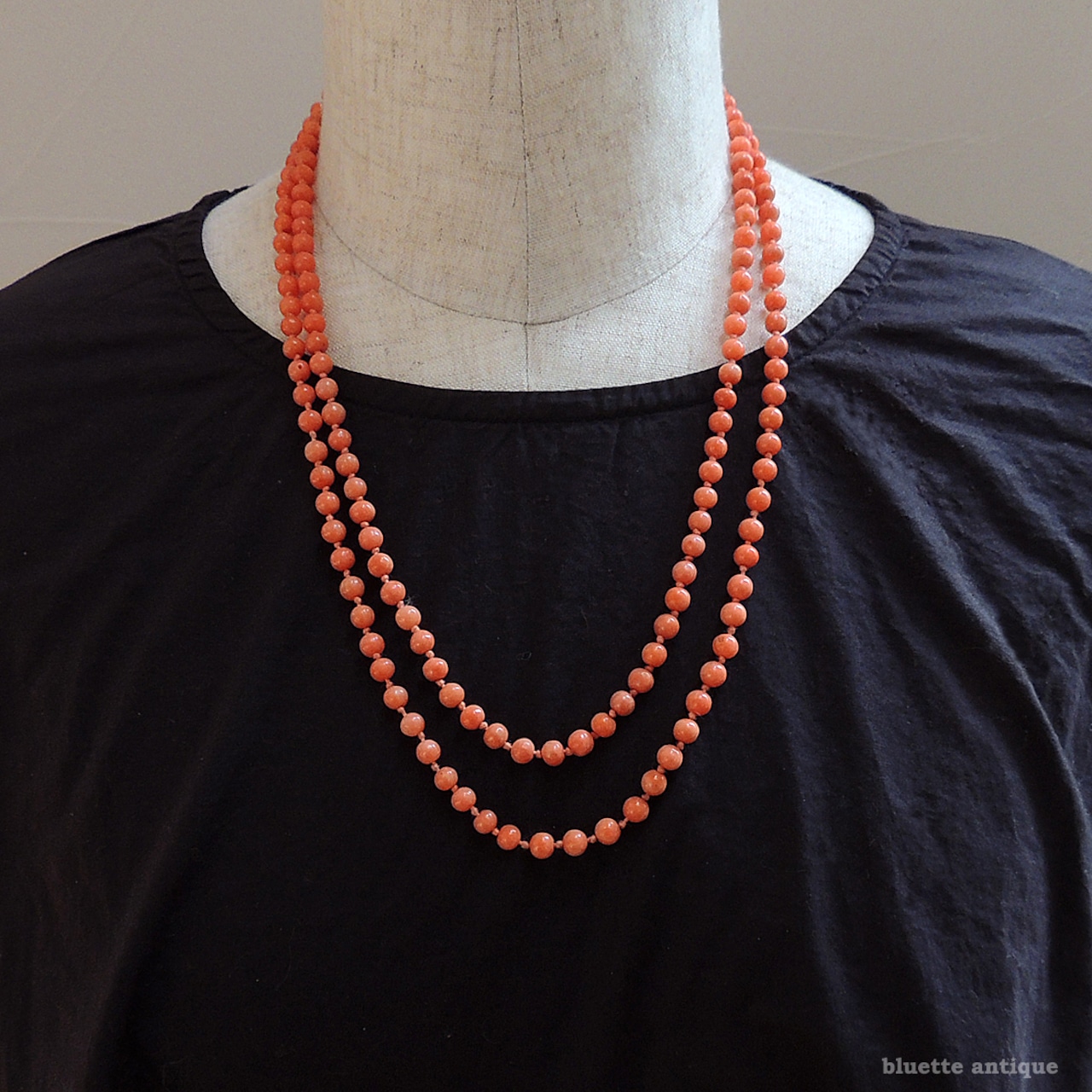 英国アンティークジュエリー 9ctゴールド コーラル ロングネックレス(ソーティングメモ付)