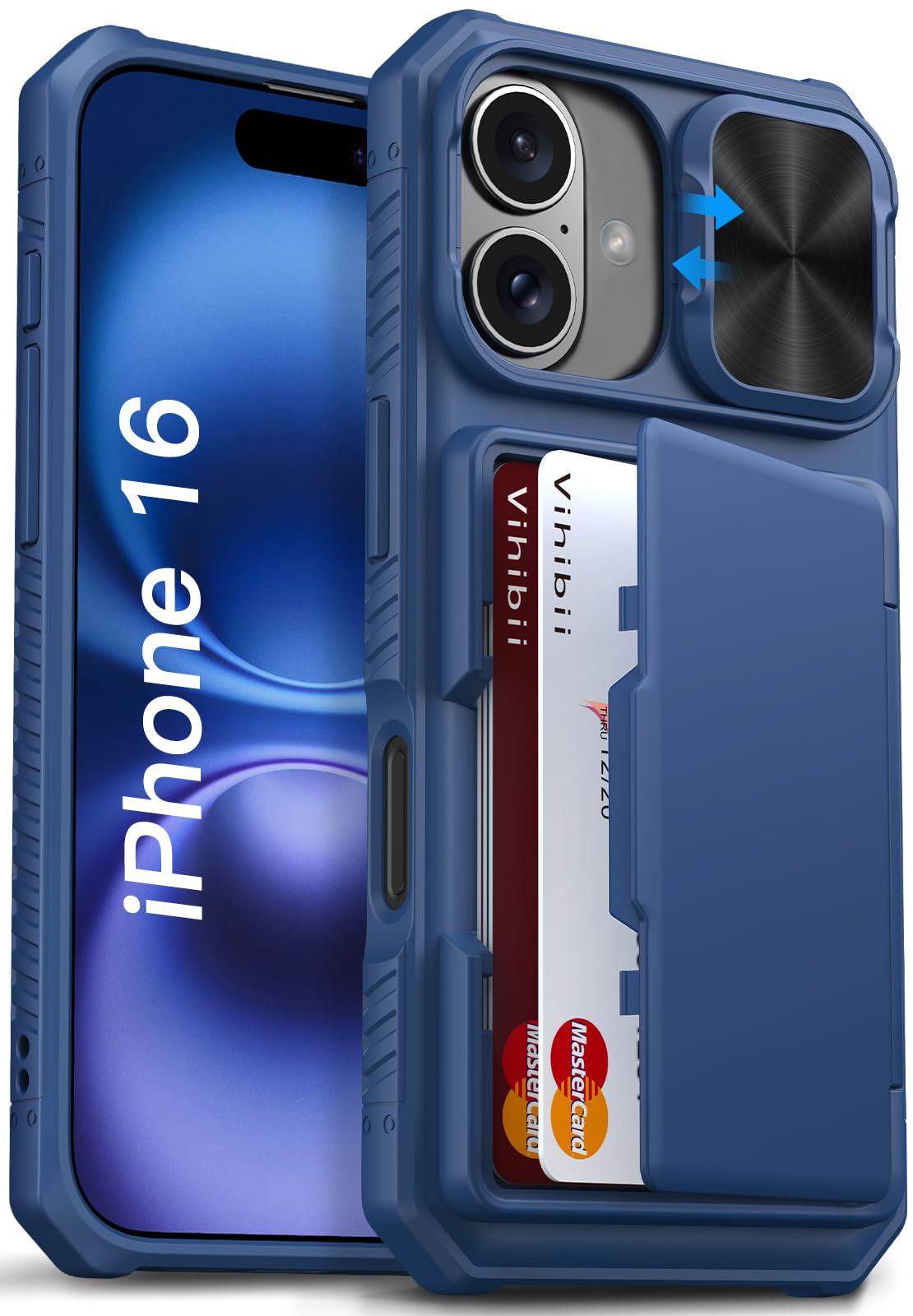 Vihibii iPhone 16 用ケース 背面 カード収納(3-5枚) スライド式カメラレンズ保護 米軍MIL規格 (ブルー)
