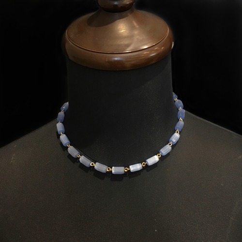 Frosted cut blue glass tube beads necklace