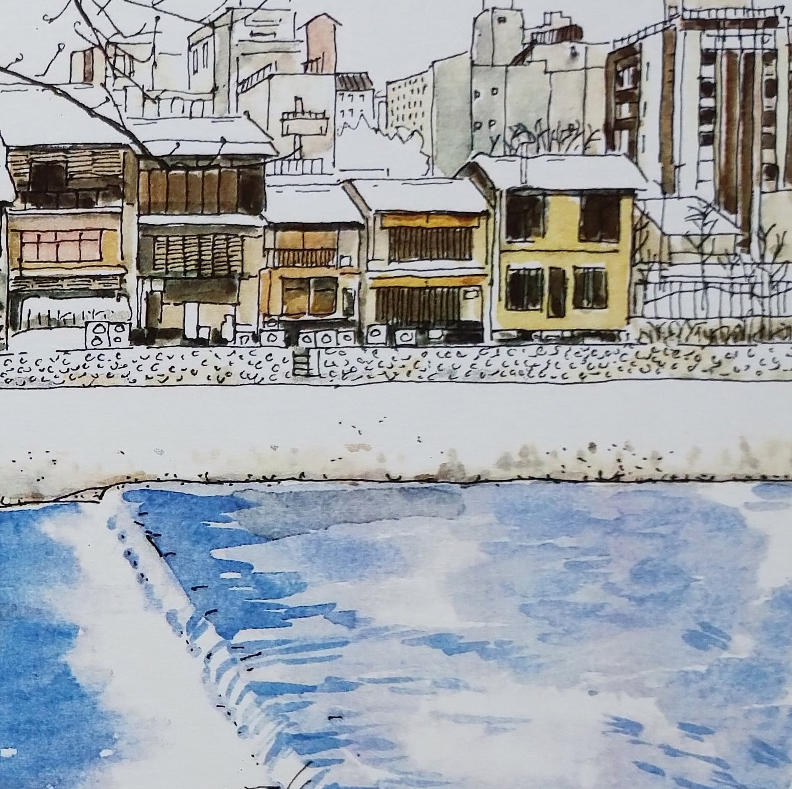 A4サイズ「 京都 雪の鴨川」 京の水彩画工房 | 京の水彩画工房 みちや